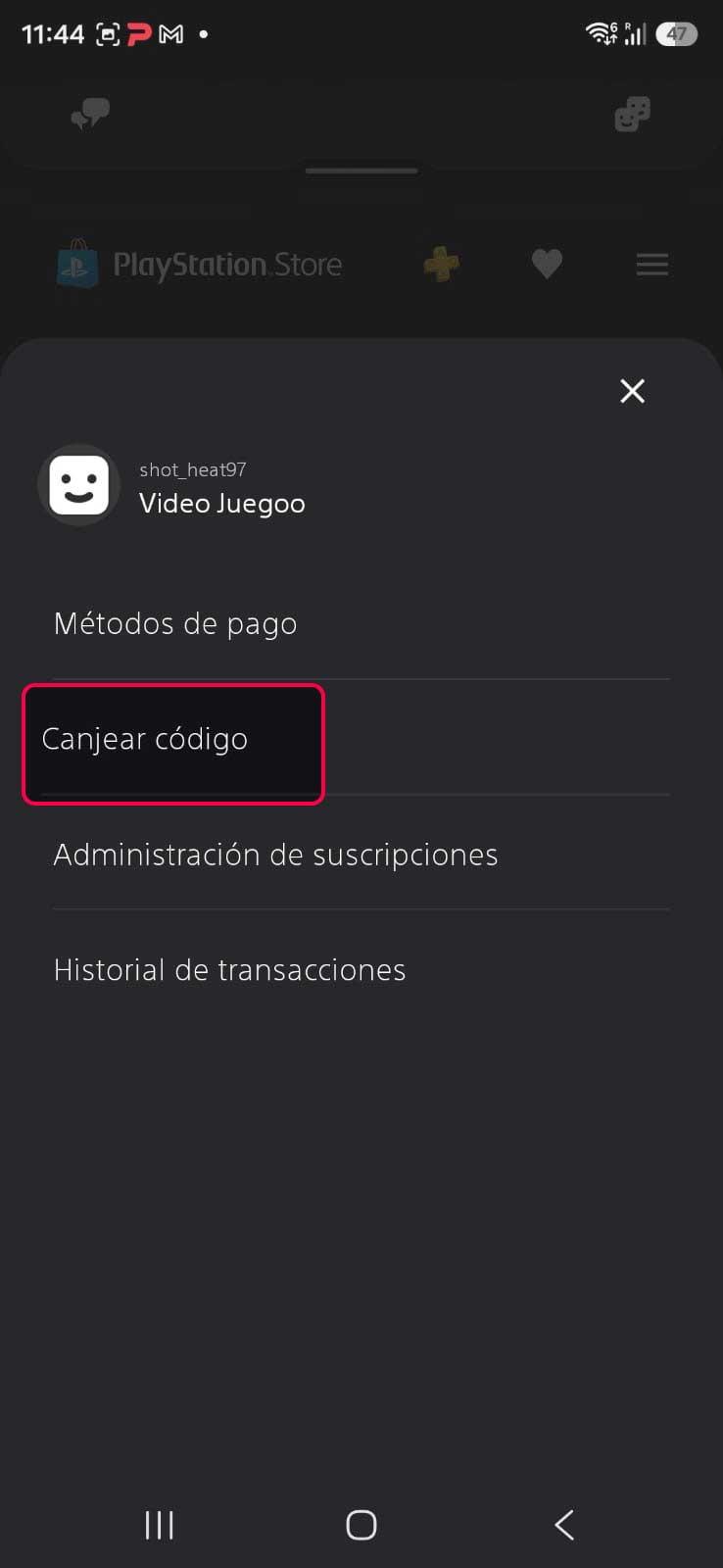 Seleccionar la opción canjear código en PlayStation Store
